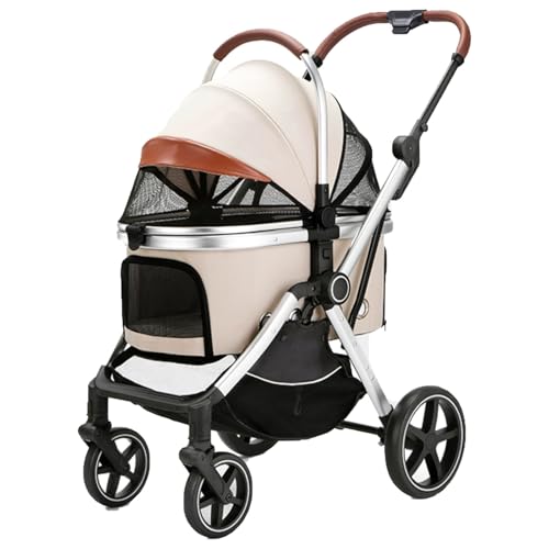 Hundebuggy Für Große Hunde, Hundewagen Für Mittelgroße Hunde Bis 15 Kg, Mit Getränkehalter, Regenschutz, Extragroßem Aufbewahrungskorb(Beige) von ASTVDFQK