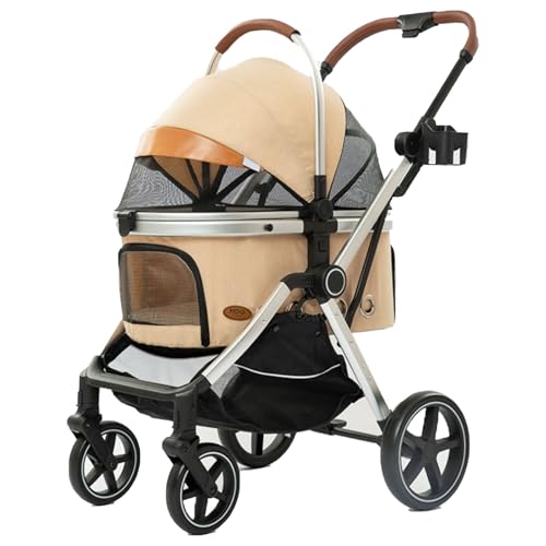 Hundebuggy Für Große Hunde, Hundewagen Für Mittelgroße Hunde Bis 15 Kg, Mit Getränkehalter, Regenschutz, Extragroßem Aufbewahrungskorb(Kaki) von ASTVDFQK
