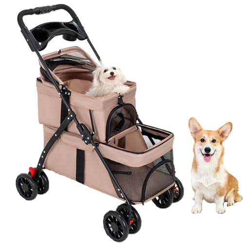 Hundebuggy for Kleine Hunde, Hundewagen Mit 360°-Schwenkrädern, Getränkehalter, Geeignet for Den Außenbereich(Kaki) von ASTVDFQK