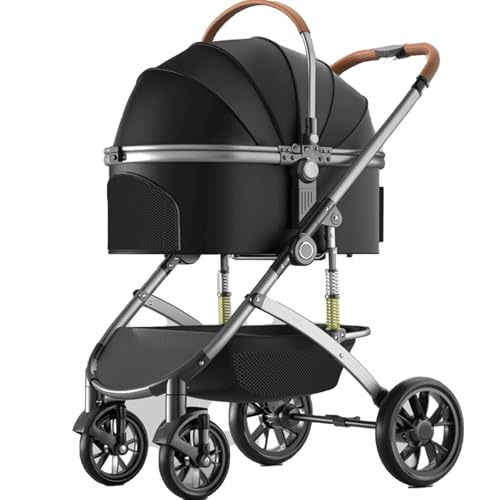 Hundebuggy for Mittelgroße Hunde, Transportbox Hund Mit Großem Aufbewahrungskorb, Rahmen Aus Aluminiumlegierung, Haustierbuggy for Kleine Hunde(Black) von ASTVDFQK