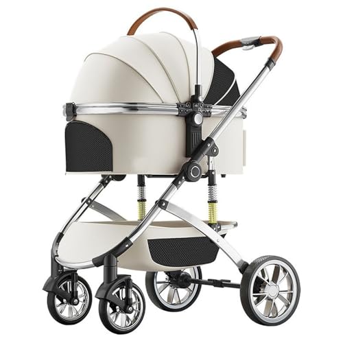 Hundebuggy for Mittelgroße Hunde, Transportbox Hund Mit Großem Aufbewahrungskorb, Rahmen Aus Aluminiumlegierung, Haustierbuggy for Kleine Hunde(White) von ASTVDFQK