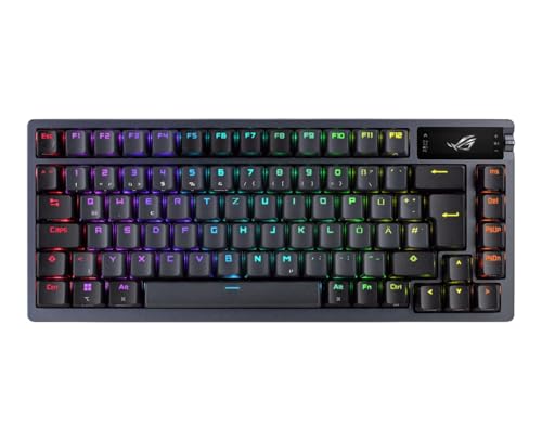 ASUS ROG Azoth kabellose mechanische Gaming Tastatur (75% Formfaktor, ROG NX-Switches, PBT-Doubleshot-Tastenkappen, OLED-Display, Bluetooth, 2,4-GHz-RF Wireless, USB, DE QWERTZ-Layout) schwarz von ASUS