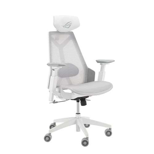ASUS ROG Destrier Core Ergonomischer Gaming-Stuhl, 2D-Kopfstütze, Lendenwirbelstütze, 3D-Armlehnen für mobiles Gaming, Tiefe und Höhe, verstellbar in 3 Positionen, Mondweiß von ASUS