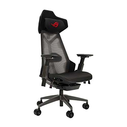 ASUS ROG Destrier Ergo Gaming Chair (ergonomischer Gaming Stuhl, 360° Armstützen für mobile Gaming, Akustikpaneel, Aluminiumrahmen, atmungsaktives Mesh, verstellbare Lendenwirbelstütze und Kopfstütze von ASUS