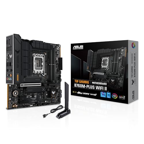 ASUS TUF Gaming B760M-PLUS WiFi II Mainboard Intel B760 LGA 1700 mATX (PCIe 5.0, M.2, DDR5, WiFi 6E, Q-Antenne, Realtek 2,5 GB Ethernet, DP, HDMI, SATA 6 Gbit/s, USB Typ-C, Thunderbolt 4, Aura Sync) von ASUS