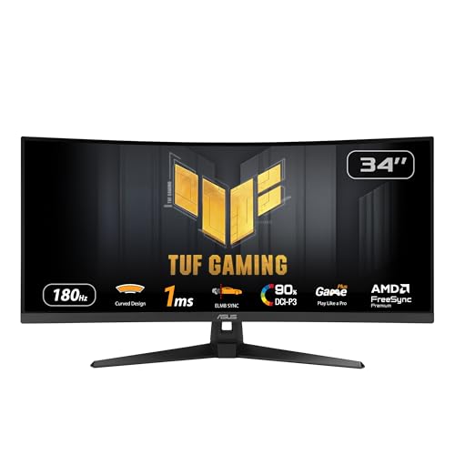 ASUS TUF Gaming VG34VQ3B - 34 Zoll UWQHD Curved Monitor - 180 Hz, 1ms MPRT, FreeSync, ELMB, DisplayHDR 400 - VA Panel, 21:9, 3440x1440, DisplayPort, HDMI, USB, ergonomisch, Speaker von ASUS