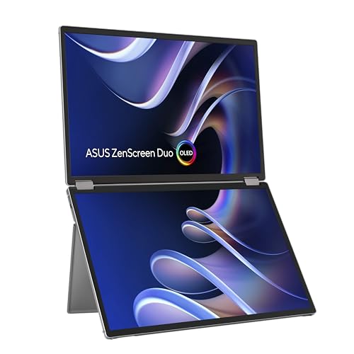 ASUS ZenScreen OLED MQ149CD - Dual 14 Zoll tragbarer USB Monitor - 21 Zoll Arbeitsbereich, 100% DCI-P3, WUXGA 1920x1200, 16:10, 1ms, DisplayHDR 400 TB - Typ-C USB, Mini HDMI, 360°-Scharnier, glänzend von ASUS