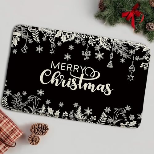 ASVEAS Badematte mit Aufschrift "Merry Christmas", Schwarz, Stechpalme, Kiefernblätter, Schneeflocke, Weihnachtskugeln, Winter-Badewannen-Vorleger, Badezimmerdekoration (45,7 x 76,2 cm) von ASVEAS