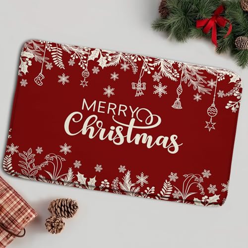 ASVEAS Badematte mit Aufschrift "Merry Christmas", rote Stechpalmenblätter, Schneeflocke, Weihnachtskugeln, Winter-Badewannen-Vorleger, Badezimmerdekoration (45,7 x 76,2 cm) von ASVEAS