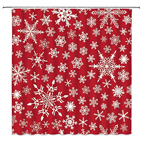 ASVEAS Duschvorhang mit Schneeflocke, Frohe Weihnachten, Frohe Weihnachten, Winter, rot / weiß, Stoff, Badezimmer-Dekor-Set mit Haken (177,8 cm x 70 cm) von ASVEAS