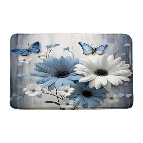 ASVEAS Rustikale blaue Badematte mit Blumenmuster, Bauernhaus, Blumen, Schmetterling, Gänseblümchen, botanisch, Natur, Landhausstil, Badezimmerdekoration (45,7 x 76,2 cm) von ASVEAS