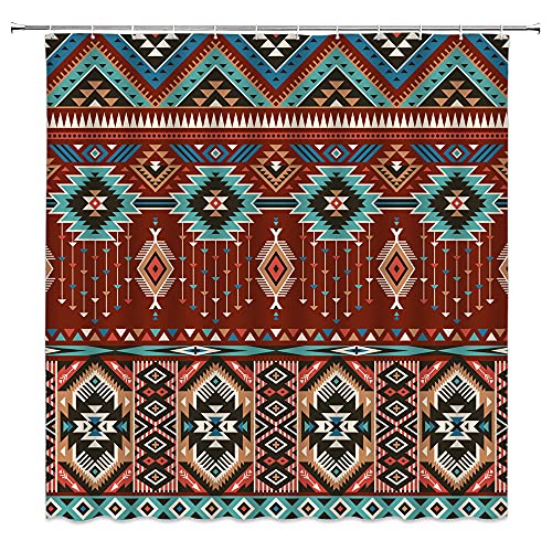 Azteken-Duschvorhang, südwestlich, amerikanischer Tribal, Navajo, ethnisch, abstrakt, geometrisches Vintage-Design, Stoff, Badezimmer-Dekor-Set mit Haken (177,8 cm x 70 H) von ASVEAS