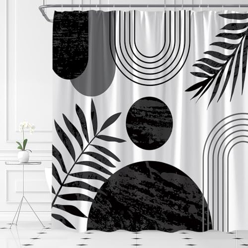 Mid Century Moderner Duschvorhang, Boho, Schwarz und Weiß, abstrakt, Retro, ästhetischer Stoff für Badezimmer, Dekoration, Badewanne mit Haken, 178 x 178 cm (B x H) von ASVEAS
