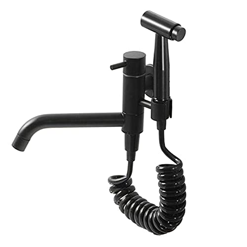 ASXSY Kitchen Tap Wall Mounted Kitchen Tap Black Balcony Tap Single Cold Water with Spray Gun Rotatable Sink Tap 8 cm von ASXSY