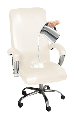 ASYBFLI Wasserdichter Bürostuhlbezug aus PU-Leder mit Armlehnenhandschuhen, Computerstuhlbezug mit hoher Rückenlehne, universeller Schutzbezug for Drehstühle(Beige,S) von ASYBFLI