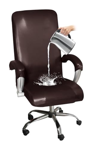 ASYBFLI Wasserdichter Bürostuhlbezug aus PU-Leder mit Armlehnenhandschuhen, Computerstuhlbezug mit hoher Rückenlehne, universeller Schutzbezug for Drehstühle(Chocolate,M) von ASYBFLI