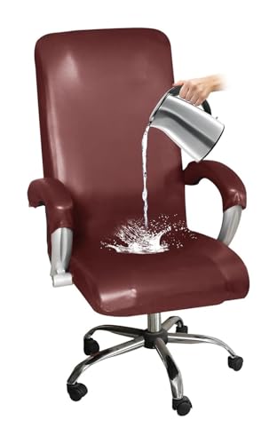 ASYBFLI Wasserdichter Bürostuhlbezug aus PU-Leder mit Armlehnenhandschuhen, Computerstuhlbezug mit hoher Rückenlehne, universeller Schutzbezug for Drehstühle(Red Wine,S) von ASYBFLI