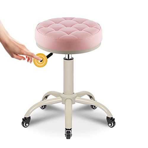 ASYHONG Einstellbare Höhe runder Rollhocker Stuhl mit Schwenkrädern für Küchenstangen Salon Spa Klinik Leder gepolsterte Esstabstuhl Tischschreibtisch Office Stuhl, Pink KeYJ von ASYHONG