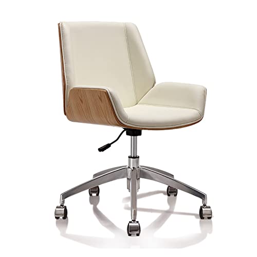 ASYHONG Mid Back Office Stuhl mit Rädern Ergonomischer Schwenk Computerstuhl mit Armen Verstellbarer Höhe Task Stuhl Leder Sessel mit Aluminiumlegierung Füße Creme Farbe, Offwhite KeYJ von ASYHONG