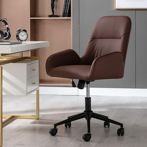 ASYHONG Moderner Drehschalter Stuhl mit Verstellbarer Höhe und Rädern für Home Office und Eitelkeitsraum Grüner PU -Leder -Sessel mit schwarzer Basis, braun KeYJ von ASYHONG