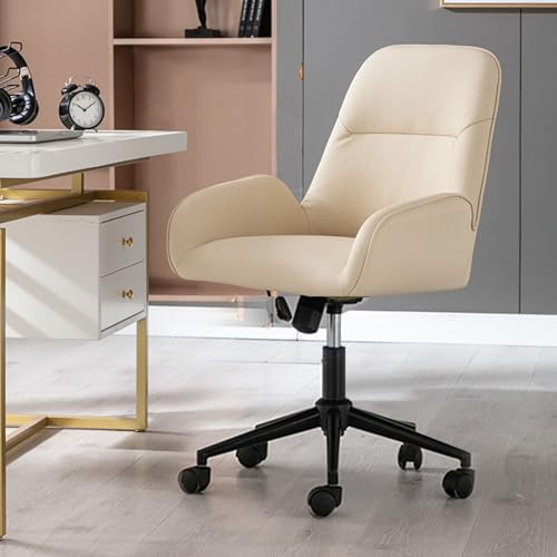 ASYHONG Moderner Schwenkstuhl mit Verstellbarer Höhe und Rädern für Home Office und Eitelkeitsraum Grüne PU -Leder -Sessel mit schwarzer Basis, Beige KeYJ von ASYHONG