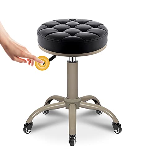 ASYHONG Verstellbare Höhe runder Rollhocker Stuhl mit Schwenkrädern für Küchenstangen Salon Spa Klinik Lederpolstertisch Tischschreibtisch Office Stuhl, Schwarz KeYJ von ASYHONG