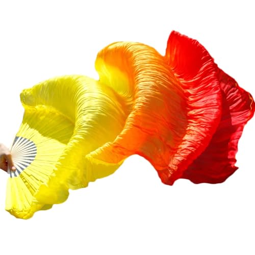 Tanzfächer, lange Fächerschleier, Farbverlauf Imitation Seide Fans Bauchtanz Leistung Requisiten Lange Gelb + Orange + Rot(1pc Right Hand D,120x90cm) von ASZHQUXIUAS