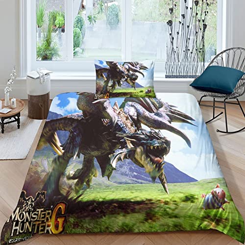 AScdap Monster Hunter 3D Bettwäsche Set Teilig Mit Reißverschluss Microfaser Anime Bettbezug Mit Kissenbezug Für Erwachsene Kinder 2 Teilig Single（135x200cm） von AScdap