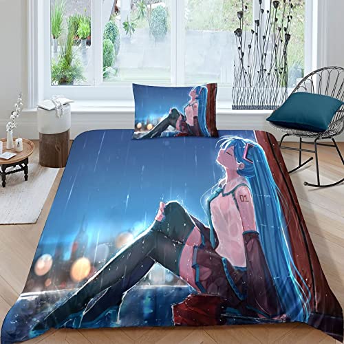 BIVEE Hatsune Miku Bettwäsche 3D Anime Bettbezug Set Mit Reißverschluss Und Kissenbezug, Mikrofaser Bettwäsche Set 2 Teilig Für Erwachsene Kinder Single（135x200cm） von AScdap