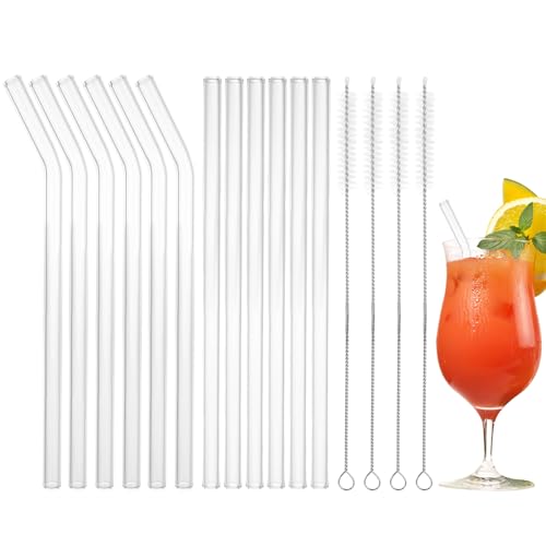 ASelected 12 Stück Glasstrohhalme Strohhalm Glas Wiederverwendbar 6 Gerader und 6 Gebogene Strohhalme Glas mit 4 Reinigungsbürste Trinkhalme für Bubble Tea Cocktail Säfte Slush von ASelected