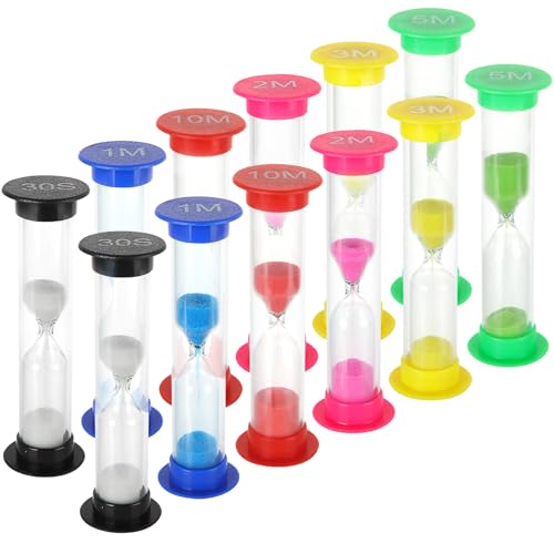 ASelected 12 Stück Sanduhren Set Sanduhr Timer Farbige Sanduhren Set 30 S 1 Min 2 Min 3 Min 5 Min 10 Min für ZäHneputzen Schule Küchen Haus Dekoration Spiel Requisiten von ASelected