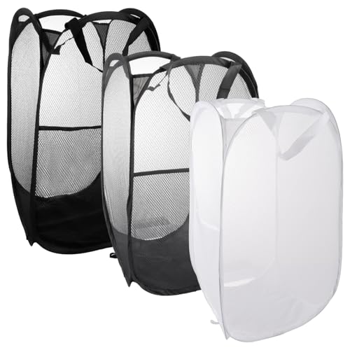 ASelected 3 Stück Faltbarer Wäschekorb Pop-Up-Wäschekorb 36 x 36 x 58 CM Tragbar Wäschekorb aus Mesh für Badezimmer, Wohnheim, Reisen(Weiß + Schwarz + dunkelgrau) von ASelected