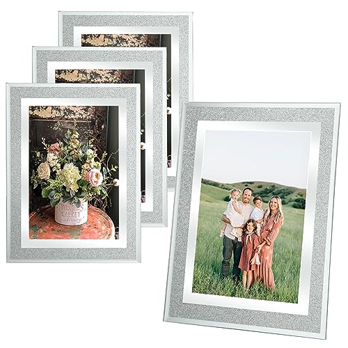 ASelected 15,2 x 10,2 cm Glas-Bilderrahmen für Hochzeitsfotos, Familienfotos und Heimdekoration, freistehend und an der Wand montierbar, 4 Stück Hoch- oder Querformat, Silber von ASelected