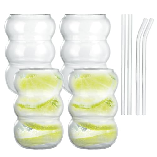 ASelected 4er Set Bubble Gläs 550 ML eiskaffee gläser mit 4x Glashalm 1x Reinigungsbürstchen Eiskaffee Gläser Trinkgläser Wellenform inkl für Eiskaffee Saft Bier Getränk von ASelected