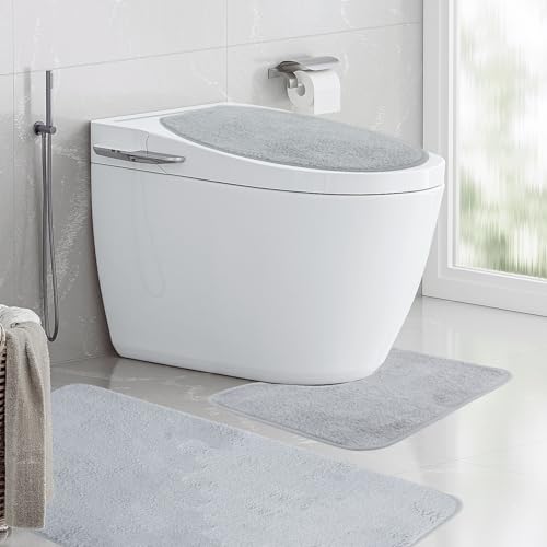 ASelected Badezimmerteppich Set 3 Teilig 50 x 80 cm Bad Teppiche Set Weiche Hochflor Badteppich rutschfeste Shaggy Badematte mit Deckel für Toilettendeckel Badematte Dunkelgrau von ASelected