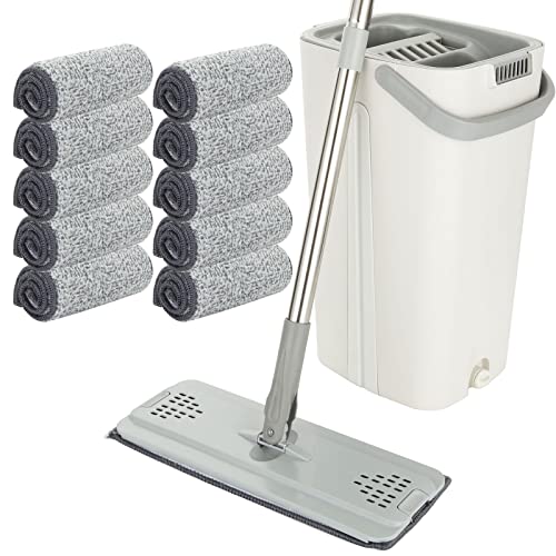 ASelected Flaches Wischmopp und Eimer-Set, freihändiger Quetschmopp mit 10 wiederverwendbaren Mikrofaser-Mopp-Pads und 123 cm langem Griff, Mikrofaser-Bodenwischer für Fliesen, Marmor, Hartholz von ASelected