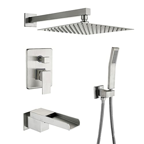 Wasserhahn/Wasserhahn, Duscharmatur-Set, 3-Funktions-Regendusch-Set, wandmontiertes Regenduschsystem mit Hand-Badezimmer-Messing-Duscharmatur-Set (gebürstet) von ASerZenith