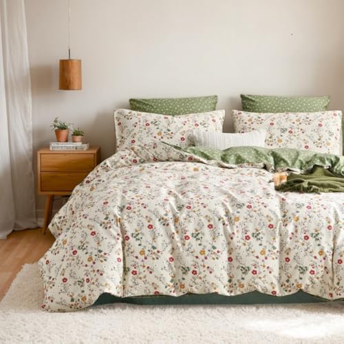 AShanlan Bettwäsche 135x200 Baumwolle Grün Blätter Beige Blumen Bettbezug 2er Set Bunt Klein Blumenmuster Angenehme Floral Deckenbezug und Blümchen Kissenbezug 40x80 cm mit Reißverschluss von AShanlan