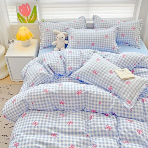 AShanlan Bettwäsche 135x200 Blau Kariet Rosa Herzen Schleifen Bettbezug 2er Set Kawaii Style Aesthetic Mädchen Renforce Mikrofaser Wende Bettwäsche-Sets und Kissenbezug 40x80 mit Reißverschluss von AShanlan