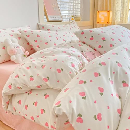AShanlan Bettwäsche 135x200 Weiß mit Rosa Herz Blumen Bettbezug 2er Set Mädchen Pink Herzen Aesthetic Cute Renforce Mikrofaser Floral Pinterest Deckenbezug mit Reißverschluss und 1 Kissenbezug 40x80 von AShanlan