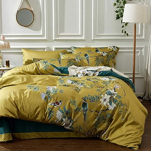 AShanlan Bettwäsche 155x220 Gold Grün Blumen Vögel Muster Bettbezug Microfaser Floral Deckenbezug Wendebettwäsche Set mit Reißverschluss und Kissenbezug 80x80 cm von AShanlan