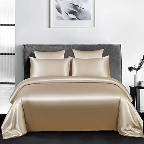 AShanlan Satin Bettwäsche 200x200 Taupe Glänzend Bettwäsche-Sets Glatt Angenehm Glanzsatin Seiden Bettbezug 200 x 200 + 2 Kissenbezug 80x80 cm mit Reißverschluss von AShanlan