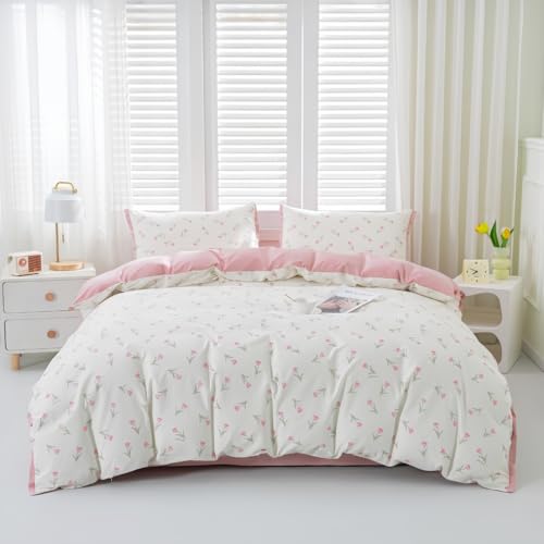 AShanlan Bettwäsche 220x240 Baumwolle Weiß mit Rosa Tulpen Grün Blätter Bettbezug 3teilig Pink Klein Blumenmuster Angenehme Weiss Deckenbezug und 2 Blümchen Kissenbezüge 80x80 cm mit Reißverschluss von AShanlan