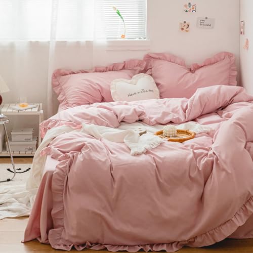 AShanlan Bettwäsche 220x240 Rüschen Rosa Einfarbig Microfaser Bettbezug Doppelbett Romantisch Bettwäsche Set und 2 x Kissenbezug 80x80 cm mit Reißverschluss von AShanlan