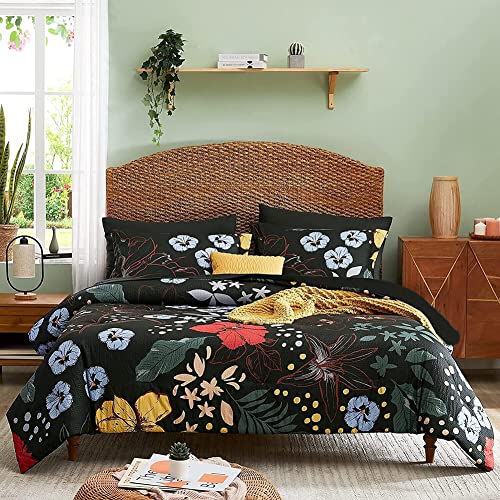 AShanlan Bettwäsche Boho 200x200 Schwarz Rot Blumen Muster Bettbezug Microfaser Aesthetic Orientalisch Bunt Deckenbezug mit Reißverschluss und 2 x Kissenbezüge 80x80 cm von AShanlan