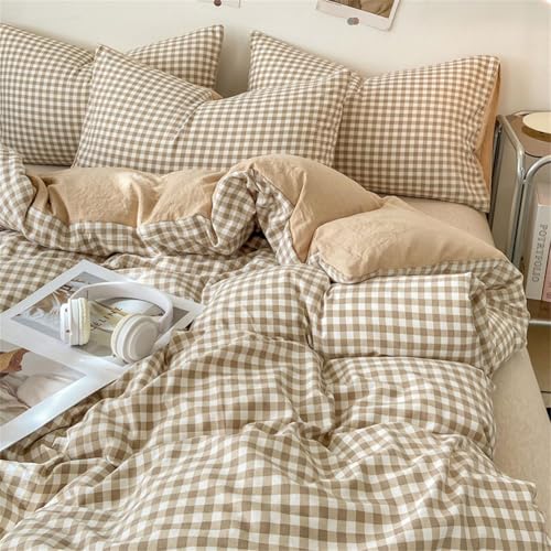 AShanlan Bettwäsche Kariert 135x200 4teilig Beige Karomuster Microfaser Bettwäsche-Sets und 2 Kissenbezug 80x80 cm ÖkoTex Zertifiziert Bettbezug Wendebettwäsche mit Reißverschluss von AShanlan