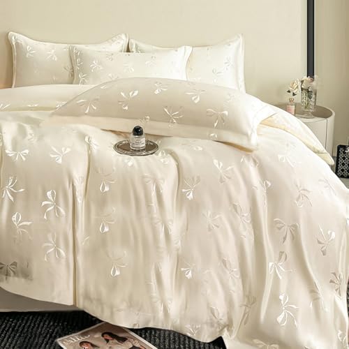 AShanlan Bettwäsche Kühlend 135x200 Weiß mit Schleifen Satin Romantisch Bettbezug und Kissenbezug 80x80 cm ÖkoTex Zertifiziert Glanzatin Seide Bettwäsche-Set mit Reißverschluss von AShanlan