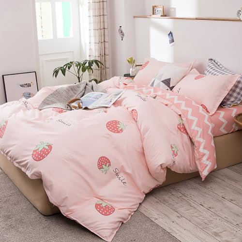 AShanlan Bettwäsche Mädchen 135x200 Rosa Erdbeeren Kinderbettwäsche Set mit Kissenbezug 40x80 cm 100% Mikrofaser Wende Pink Weiß Gestreift Kinder Bettbezug Set von AShanlan