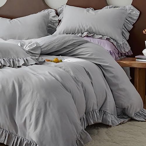 AShanlan Bettwäsche Rüschen 155x220cm Grau Hellgrau Einfarbig Weich und Angenehm Mikrofaser Deckenbezug mit Reißverschluss und Kissenbezug 80x80cm Einzelbett von AShanlan