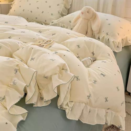 AShanlan Bettwäsche Rüschen 220x240 Blau Schleifen Muster Romantisch Bettbezug und 2 Kissenbezug 80x80 cm ÖkoTex Zertifiziert Gewaschene Microfaser Bettwäsche-Set mit Reißverschluss von AShanlan
